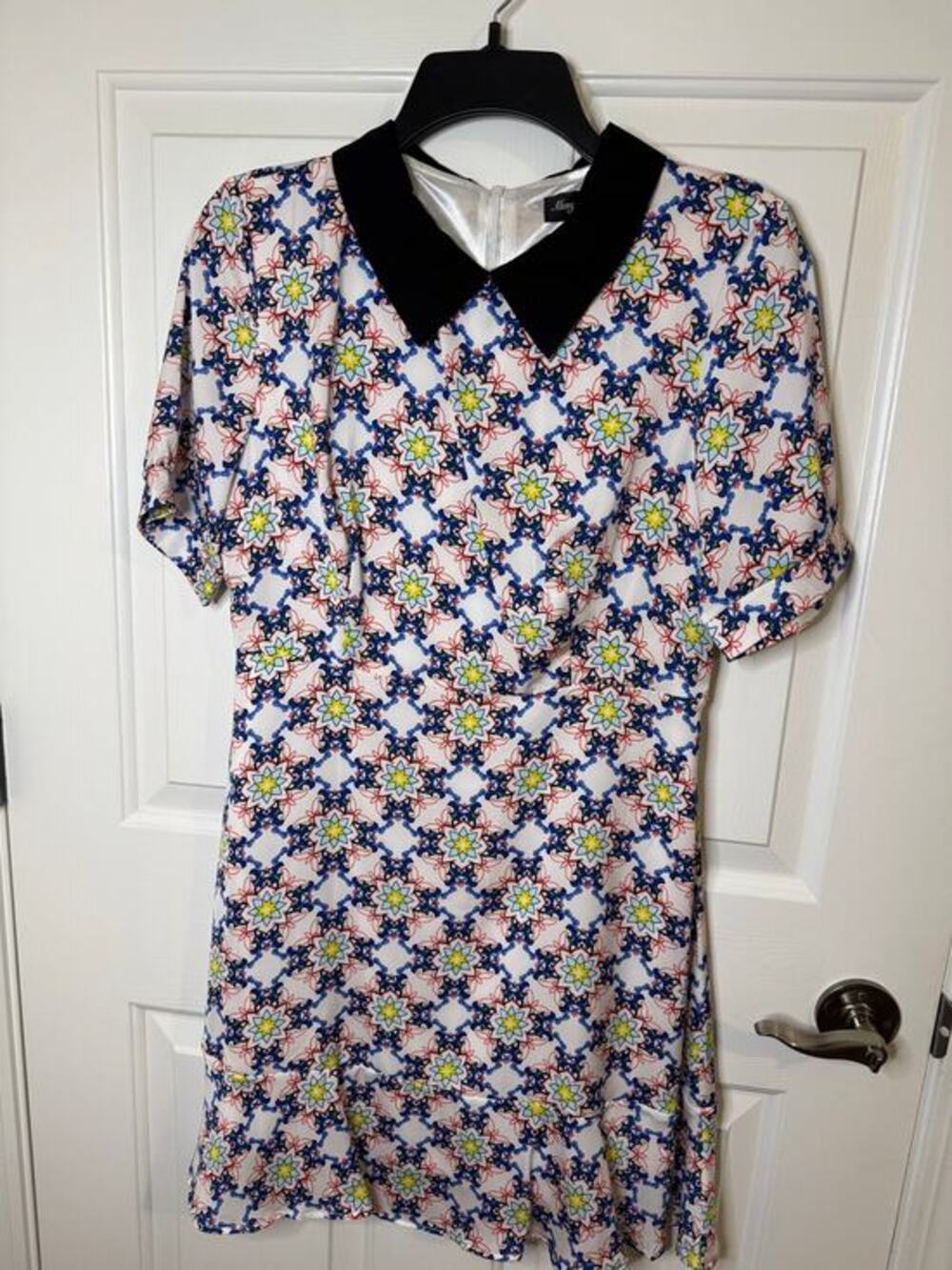Meng Fei Lu Peter Pan Collar Retro 60s Mod White Blue Yellow Geometric Dress S/M